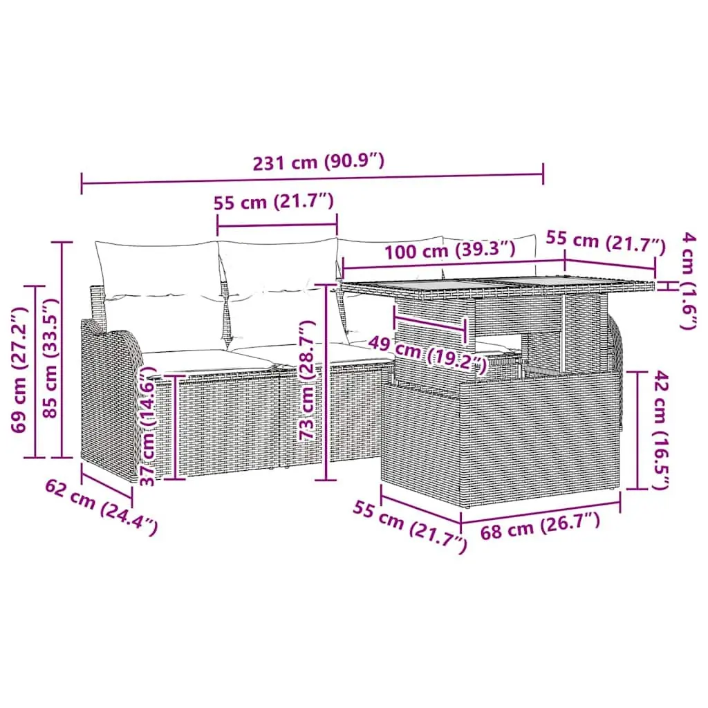 Modular Garden Sofa Set 5 Piece Black with Cushions and Height Adjustable Coffee Table