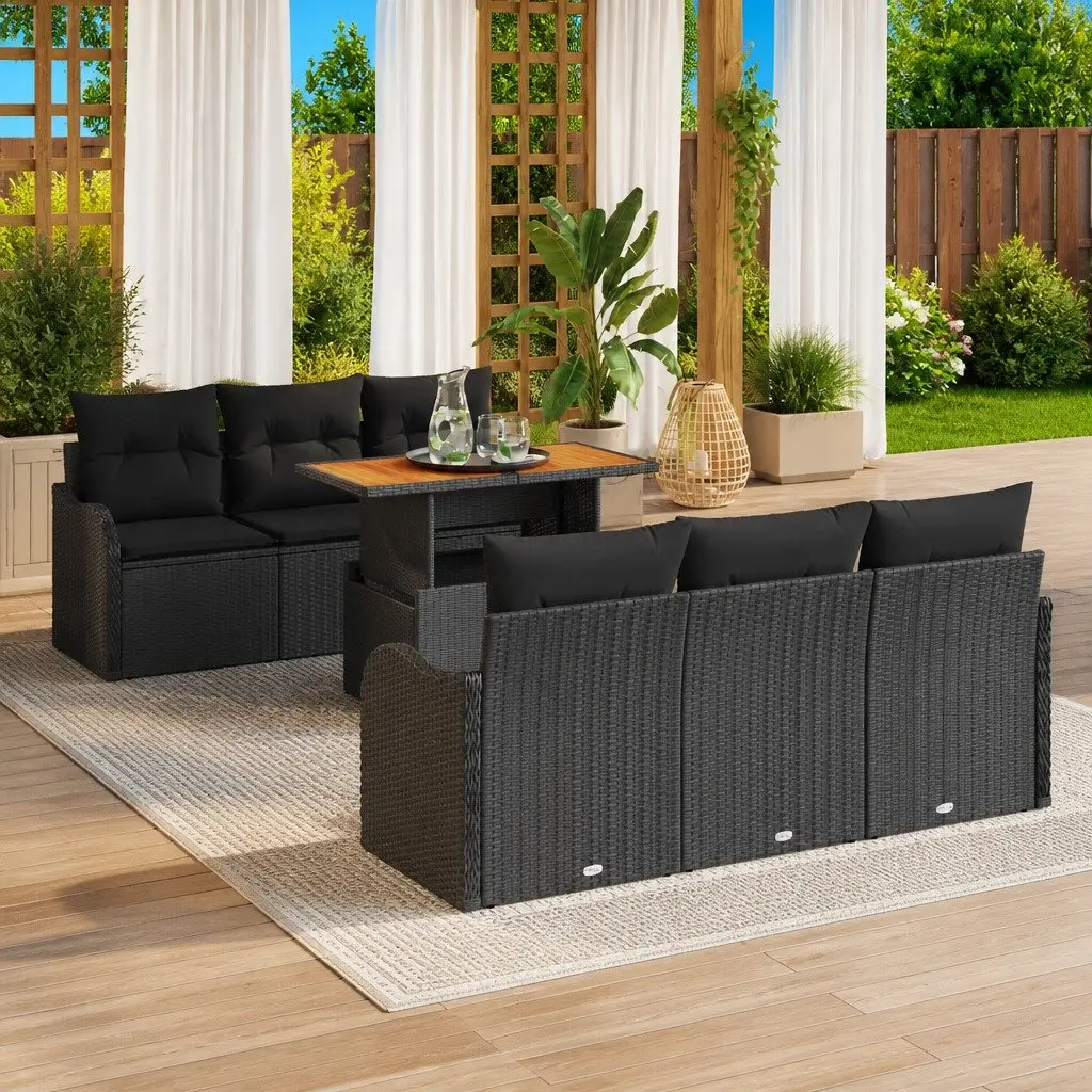 Outdoor Garden Sofa Set 7 Pieces Black Poly Rattan Modular Patio Furniture with