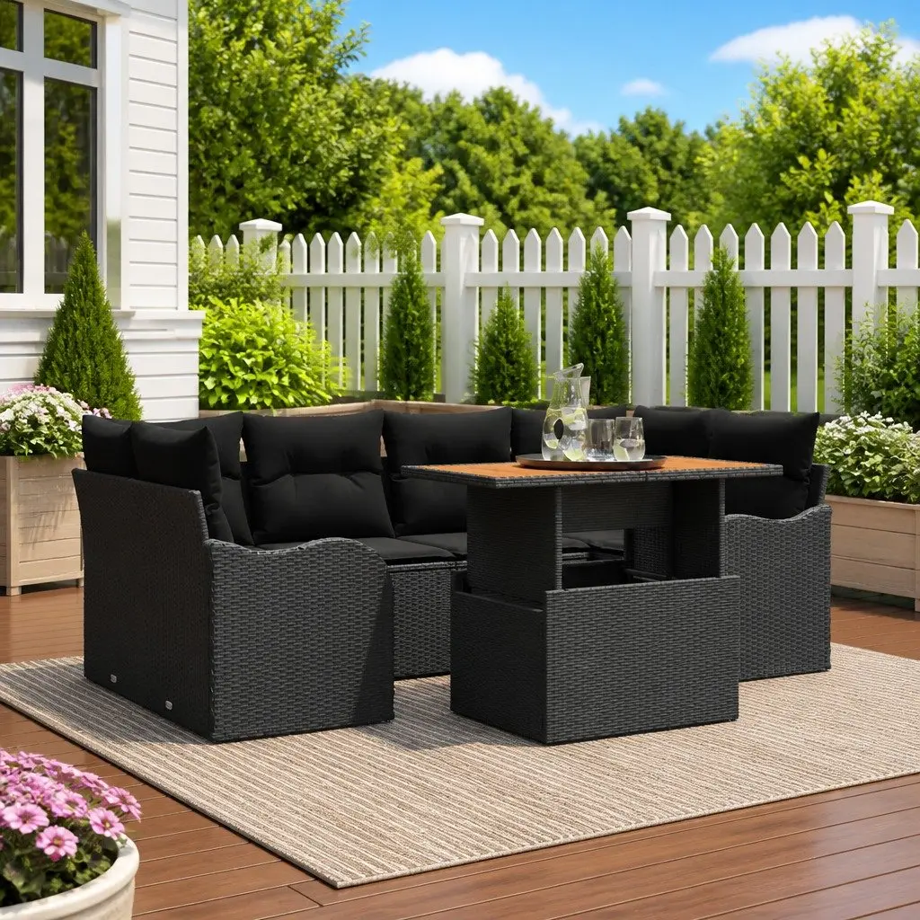 Garden Sofa Set Black 7 Pieces Outdoor Seating with Cushions Table