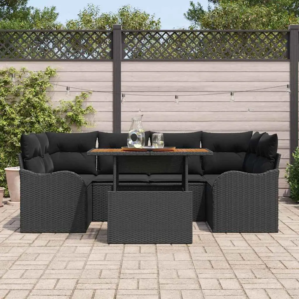 Garden Sofa Set Black 7 Pieces Outdoor Seating with Cushions Table