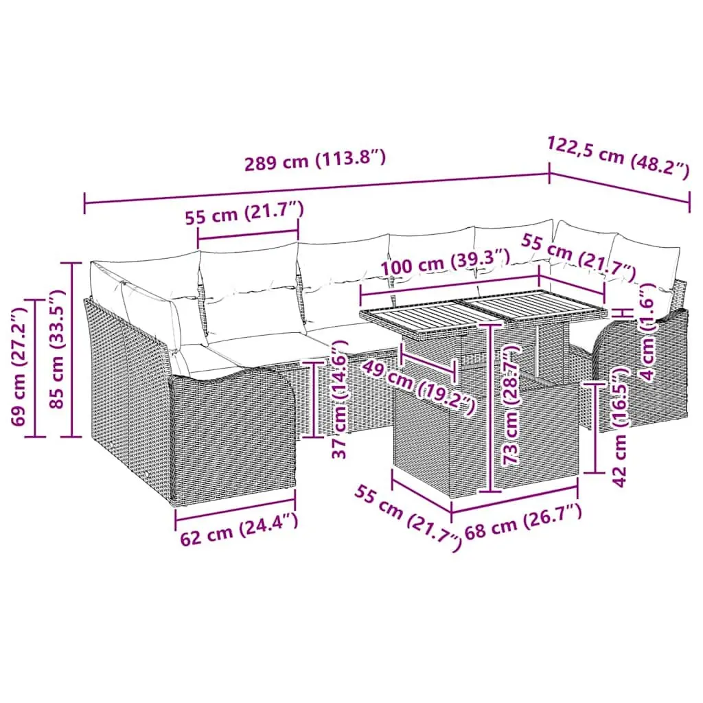 Modular Outdoor Garden Sofa Set 8 Pieces Grey Poly Rattan Acacia Wood