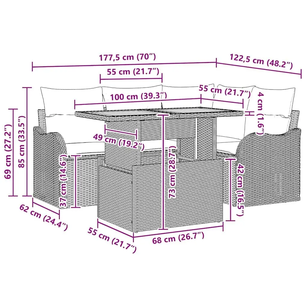 Modular Outdoor Garden Sofa Set Grey 5 Piece with Adjustable Table