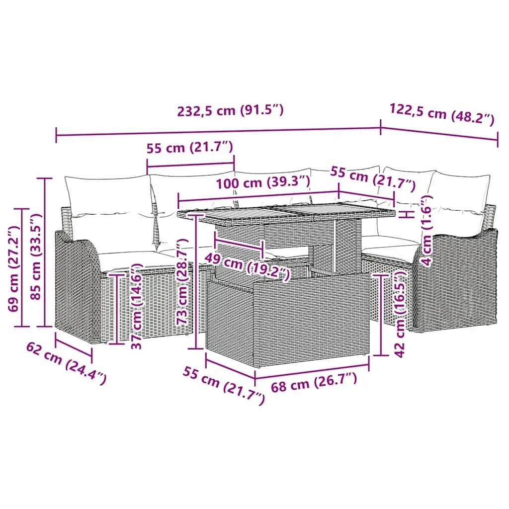Modular Garden Sofa Set 6 Piece Outdoor Seating Black Poly Rattan with Cushions
