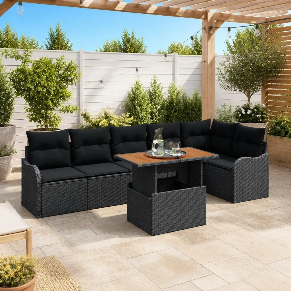 Outdoor Garden Sofa Set 7 Pieces Poly Rattan Sectional Black with Cushions Table