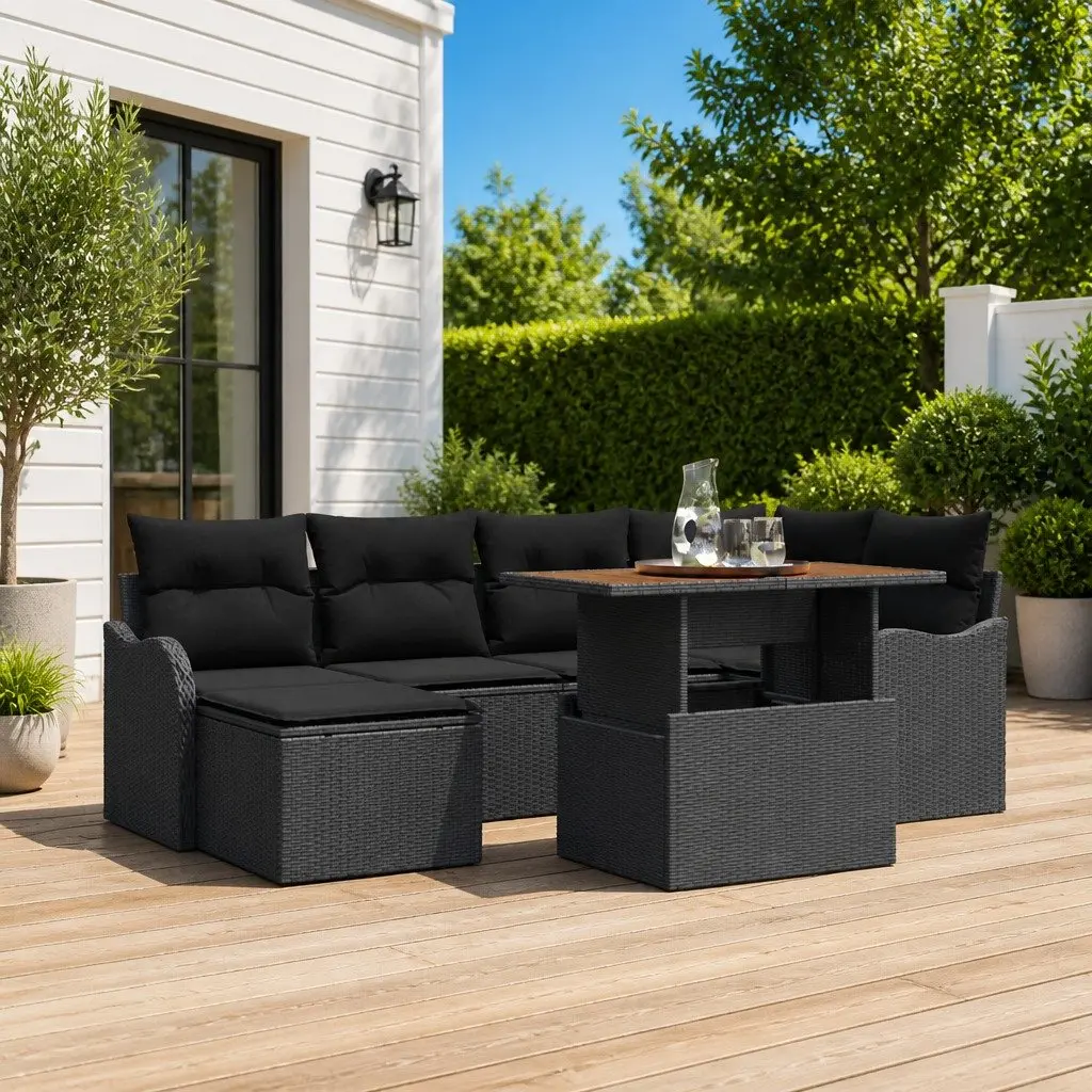 7 Piece Outdoor Garden Sofa Set Black Poly Rattan Steel Frame