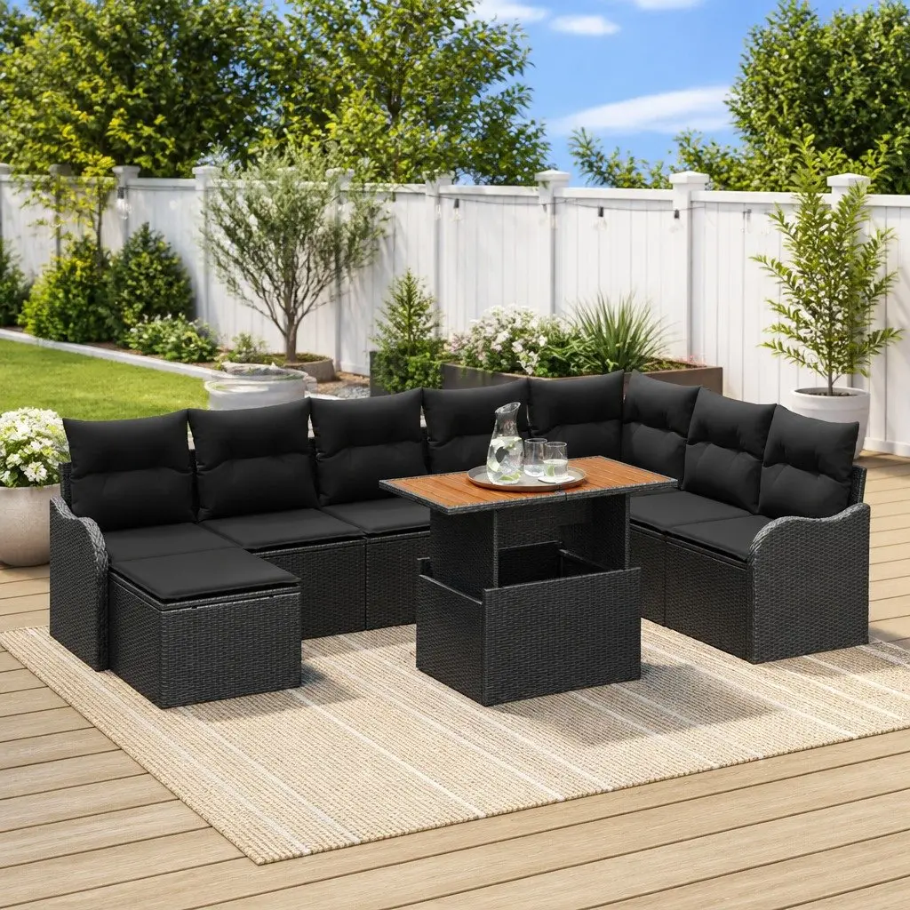 Outdoor Garden Sofa Set 9 Pieces Black Modular Furniture Patio Seating with