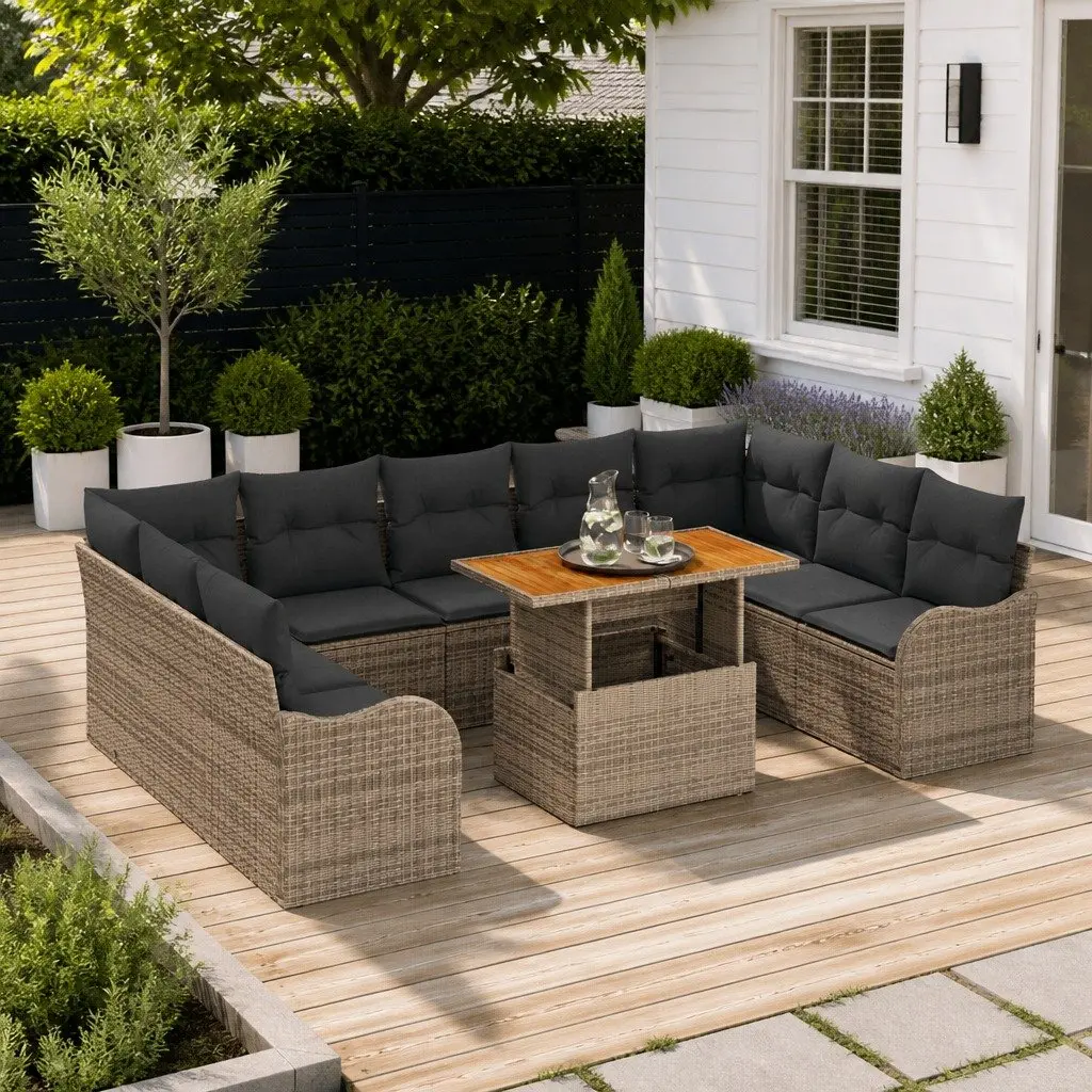 10 Piece Grey Outdoor Garden Sofa Set Poly Rattan Patio Furniture with Storage
