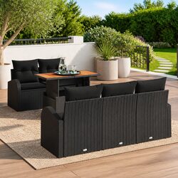 Outdoor Garden Sofa Set 6 Pieces Black Poly Rattan Patio Seating with Cushions
