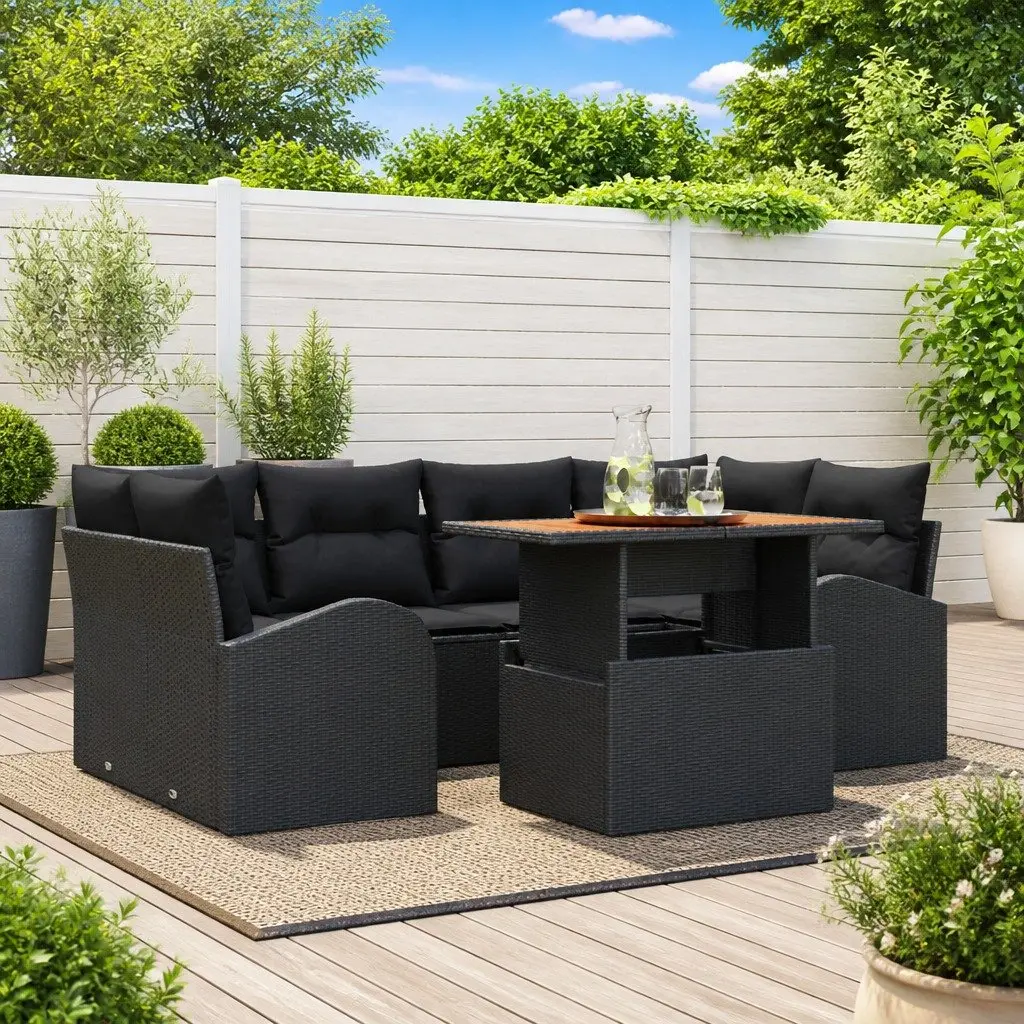 7 Piece Black Outdoor Sofa Set with Cushions for Patio Lounge and Dining