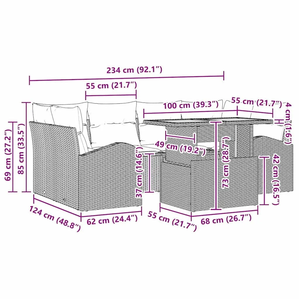 7 Piece Black Outdoor Sofa Set with Cushions for Patio Lounge and Dining