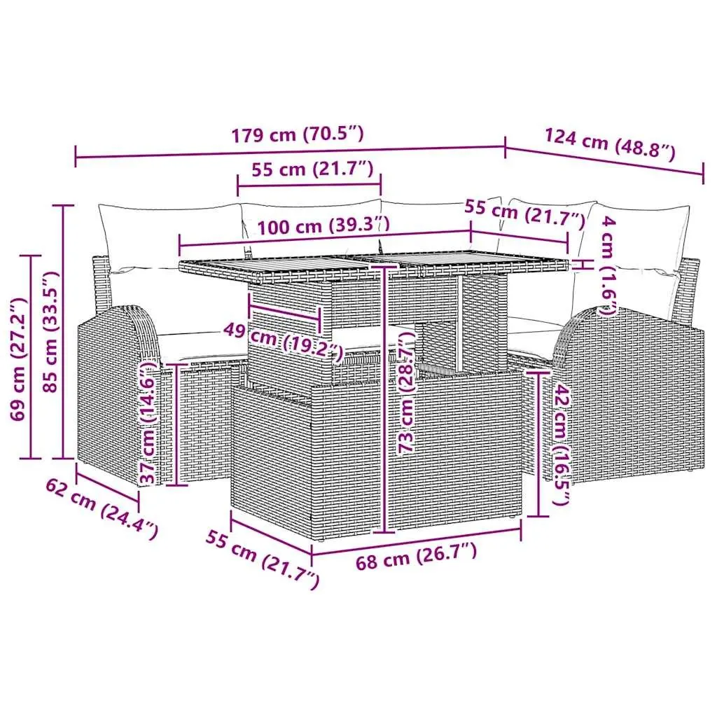 Outdoor Garden Sofa Set Black Sectional 5 Piece with Cushions