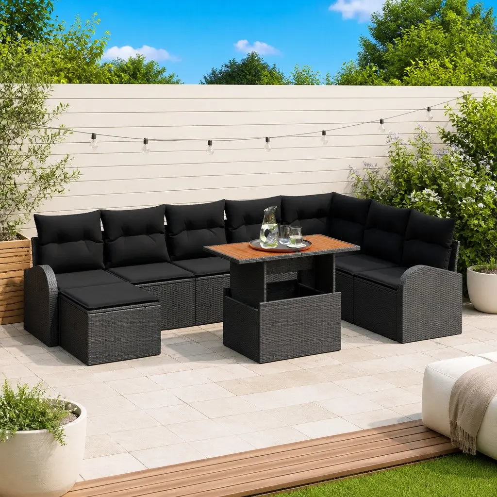 Outdoor Garden Sofa Set 9 Pieces Black Poly Rattan Steel