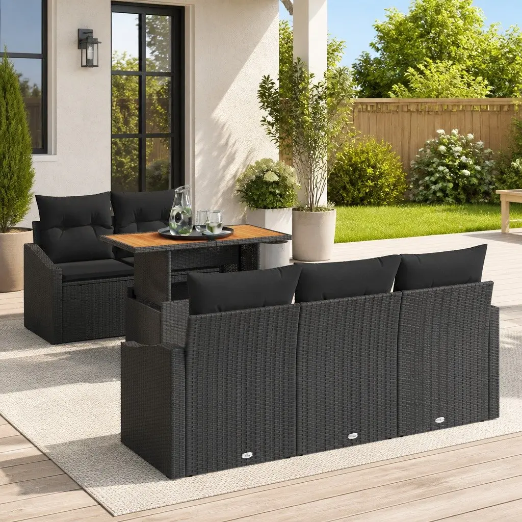 Outdoor Garden Sofa Set 6 Pieces Black Poly Rattan Patio Seating Modular
