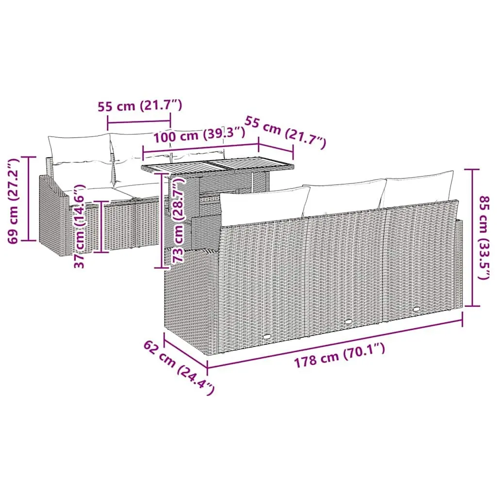 Outdoor Garden Sofa Set 7 Piece Modular Seating Grey Brown Rattan Steel Lounge