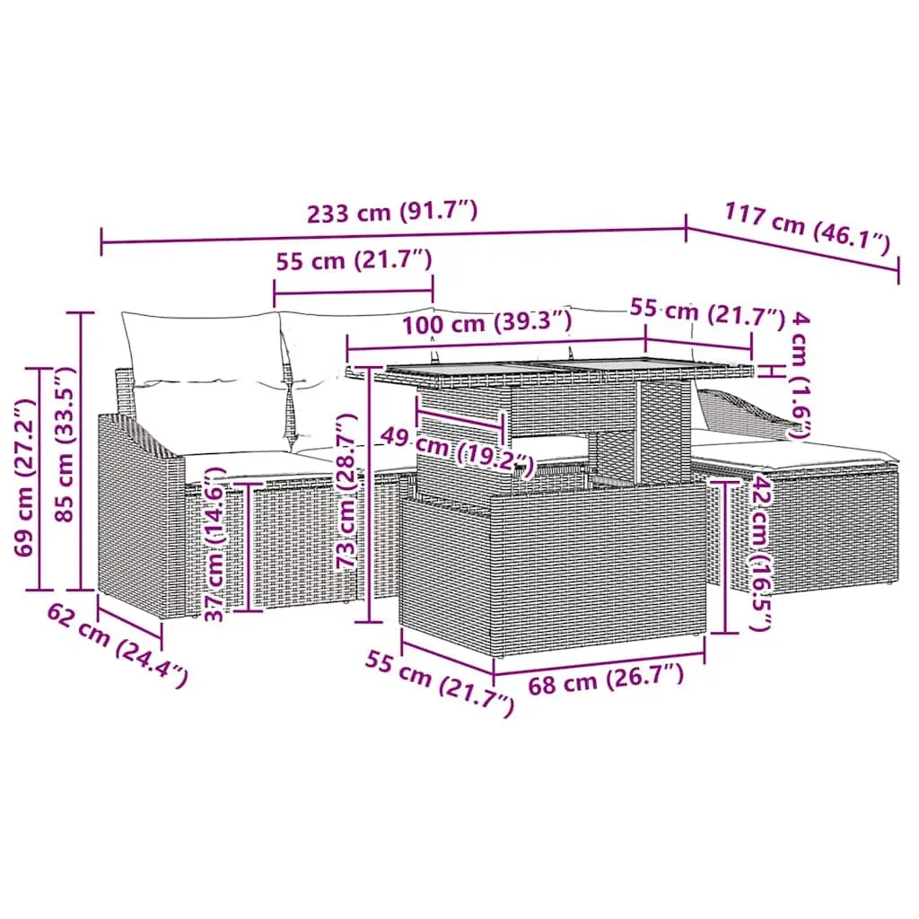 Garden Sofa Set 6 Pieces Outdoor Patio Furniture Modular Seating with Table