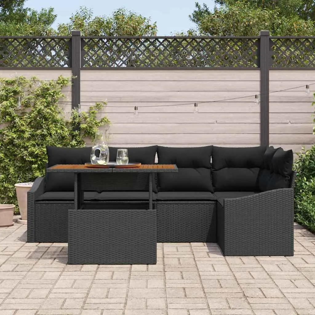 6 Piece Modular Outdoor Sofa Set with Poly Rattan and Acacia Wood in Black Brown for Garden and Patio