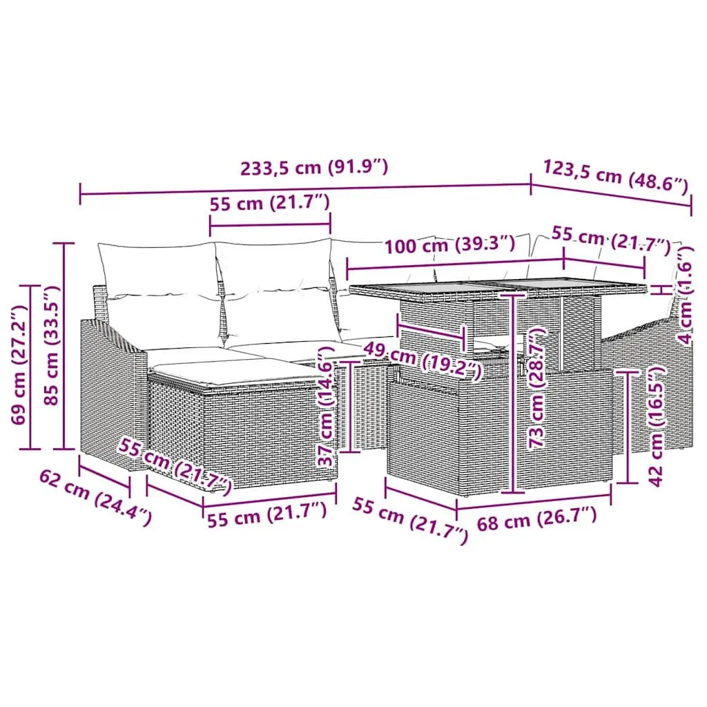 Outdoor Garden Sofa Set 7 Pieces Poly Rattan Lounge Furniture Grey Patio Seating