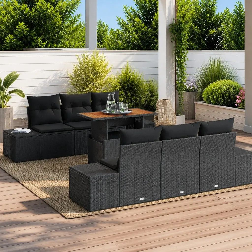 Outdoor Garden Sofa Set 7 Pieces Black Poly Rattan Patio Furniture Dining