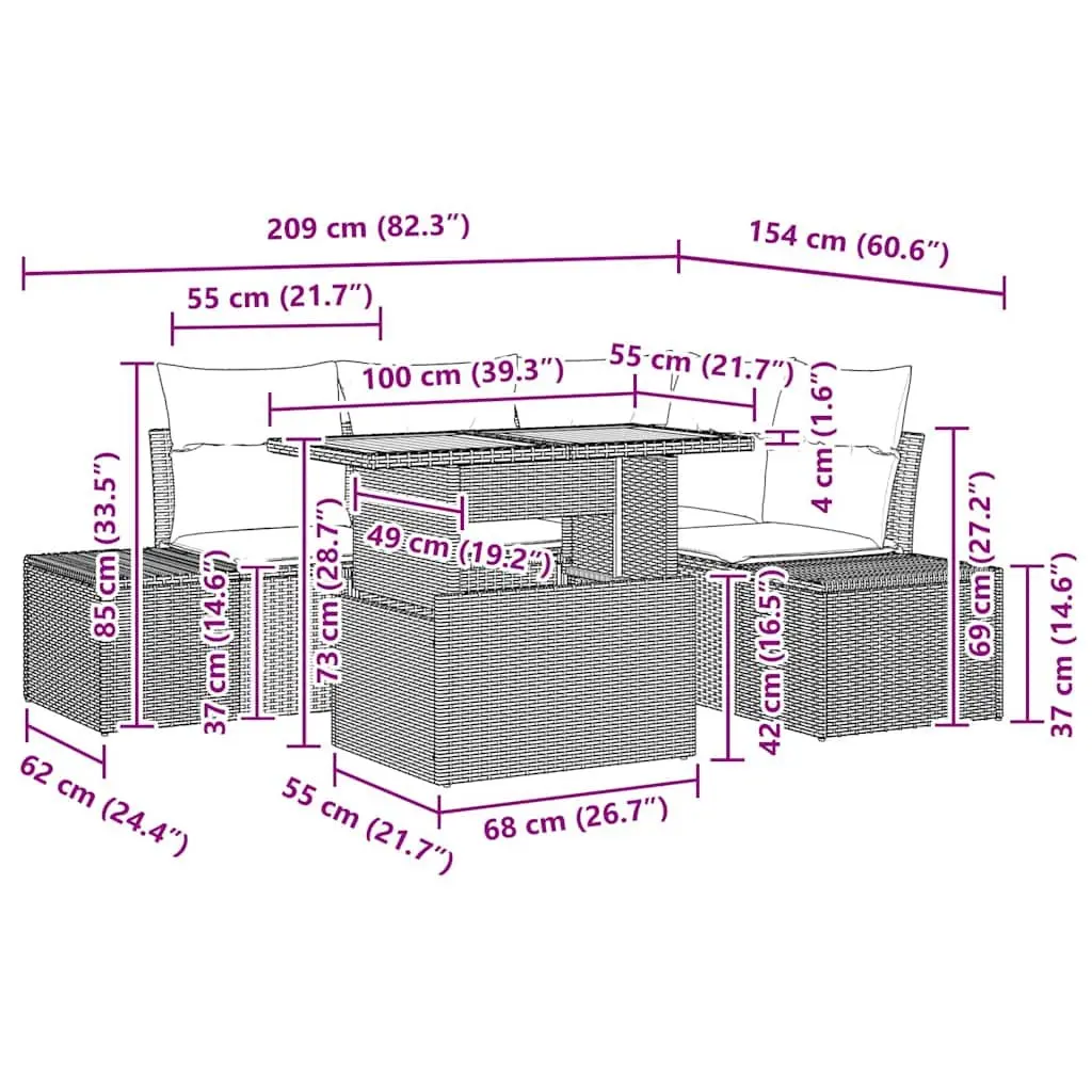 Modular Outdoor Garden Sofa Set Black 5 Piece Rattan Lounge Furniture