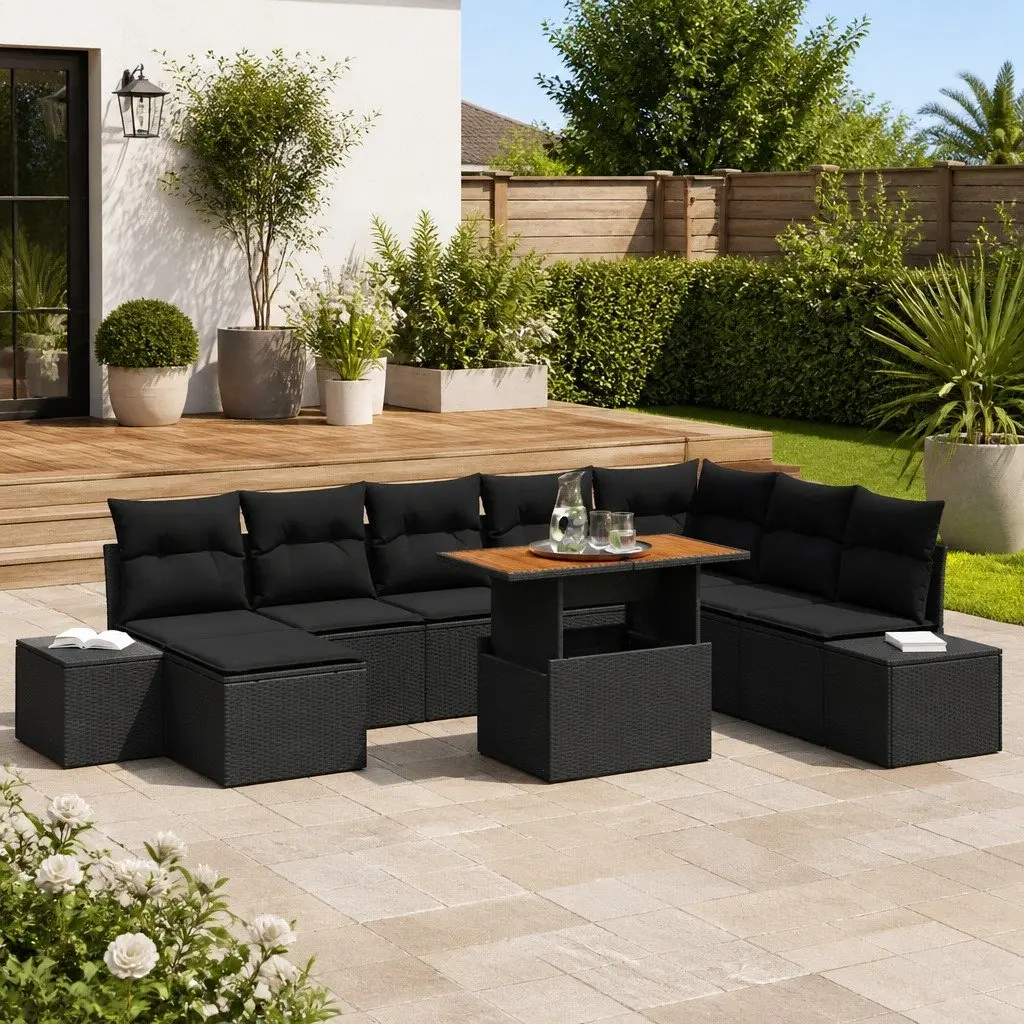 Outdoor Garden Sofa Set Modular Black Poly Rattan 9 Pieces