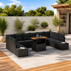 Outdoor Garden Sofa Set 11 pcs Black Patio Furniture Rattan Sectional with