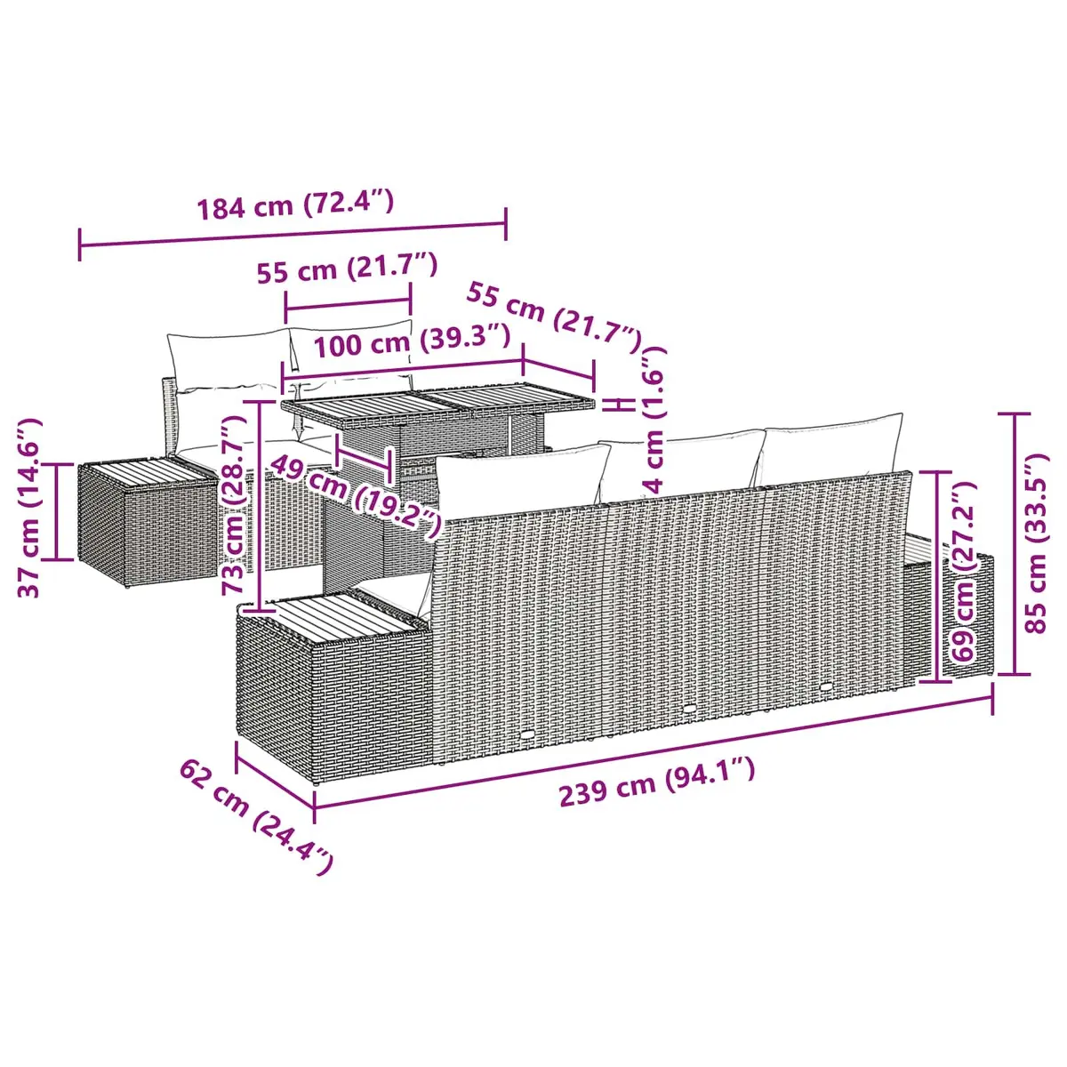 Modular Outdoor Sofa Set 6 Piece Black Poly Rattan with Acacia Wood Surfaces for Garden and Patio