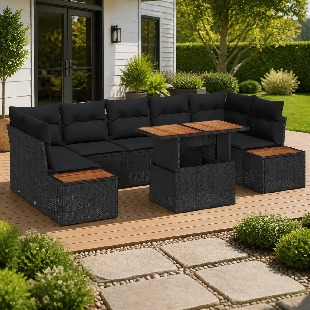 Modular Black Poly Rattan Outdoor Sofa Set 8 Pieces Garden Furniture Sectional