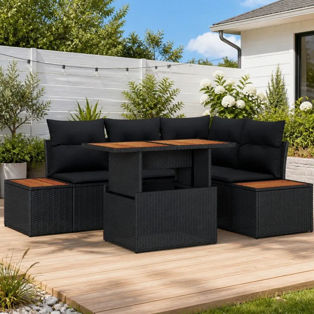 Modular Outdoor Sofa Set 5 Piece Black Poly Rattan with Solid Acacia Wood Accents