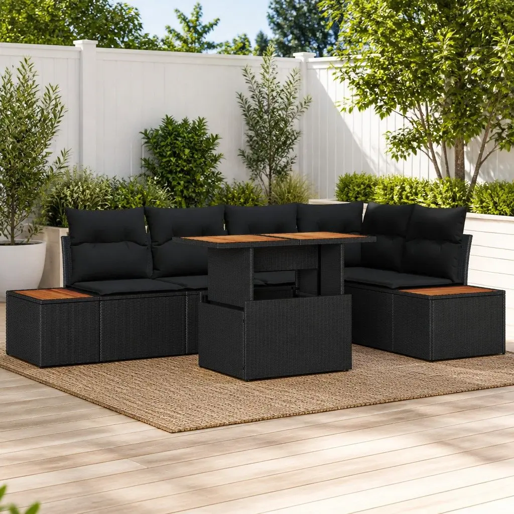 Outdoor Garden Sofa Set Modular Black Rattan 6 Piece Patio Furniture