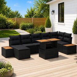 Outdoor Garden Sofa Set 8 Pieces Modular Patio Seating Black Poly Rattan Acacia