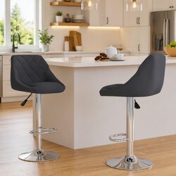 Bar Stools 2 Pcs Grey Velvet Swivel Adjustable Height Dining Kitchen Counter