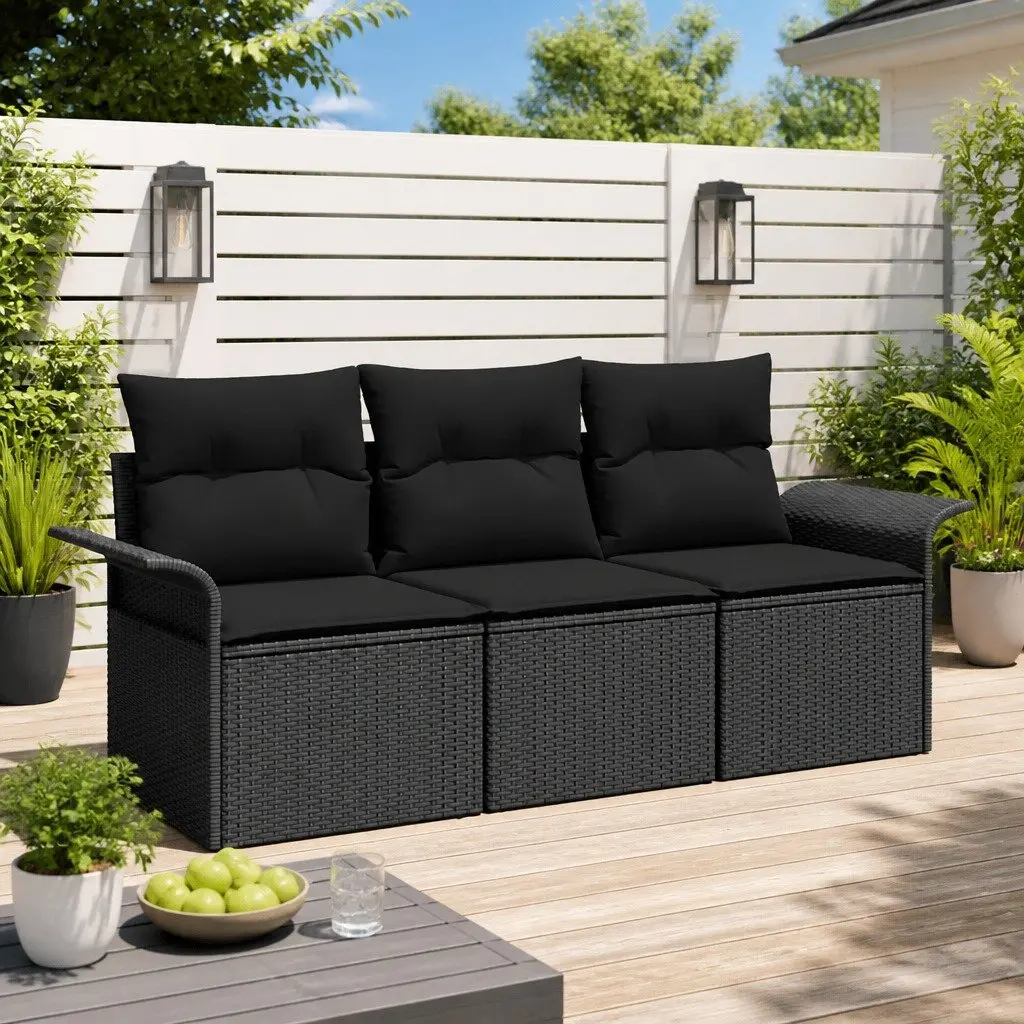 Garden Sofa Set Black Poly Rattan Outdoor Furniture 3 Piece