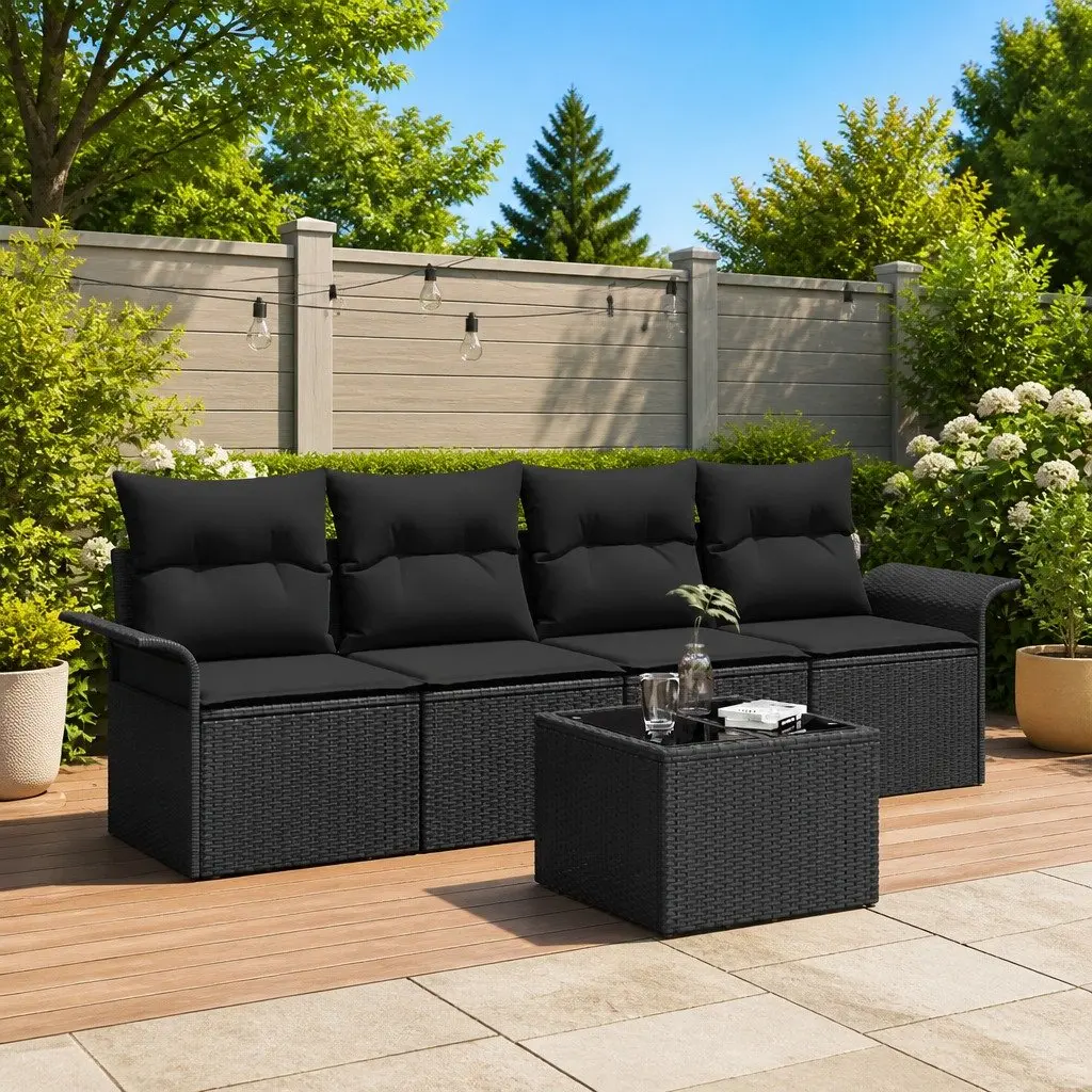 Modular Outdoor Garden Sofa Set Black Rattan 5 Piece with Glass Table