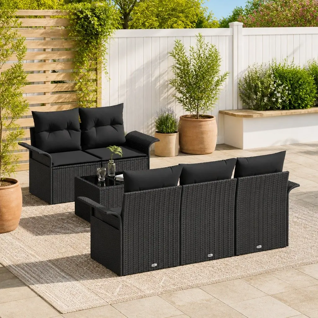 Outdoor Patio Sofa Set Modular 6 Pieces Black Poly Rattan Steel Frame Glass Table