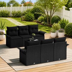 Outdoor Garden Sofa Set 7 Piece Modular Seating Black Poly Rattan with Glass