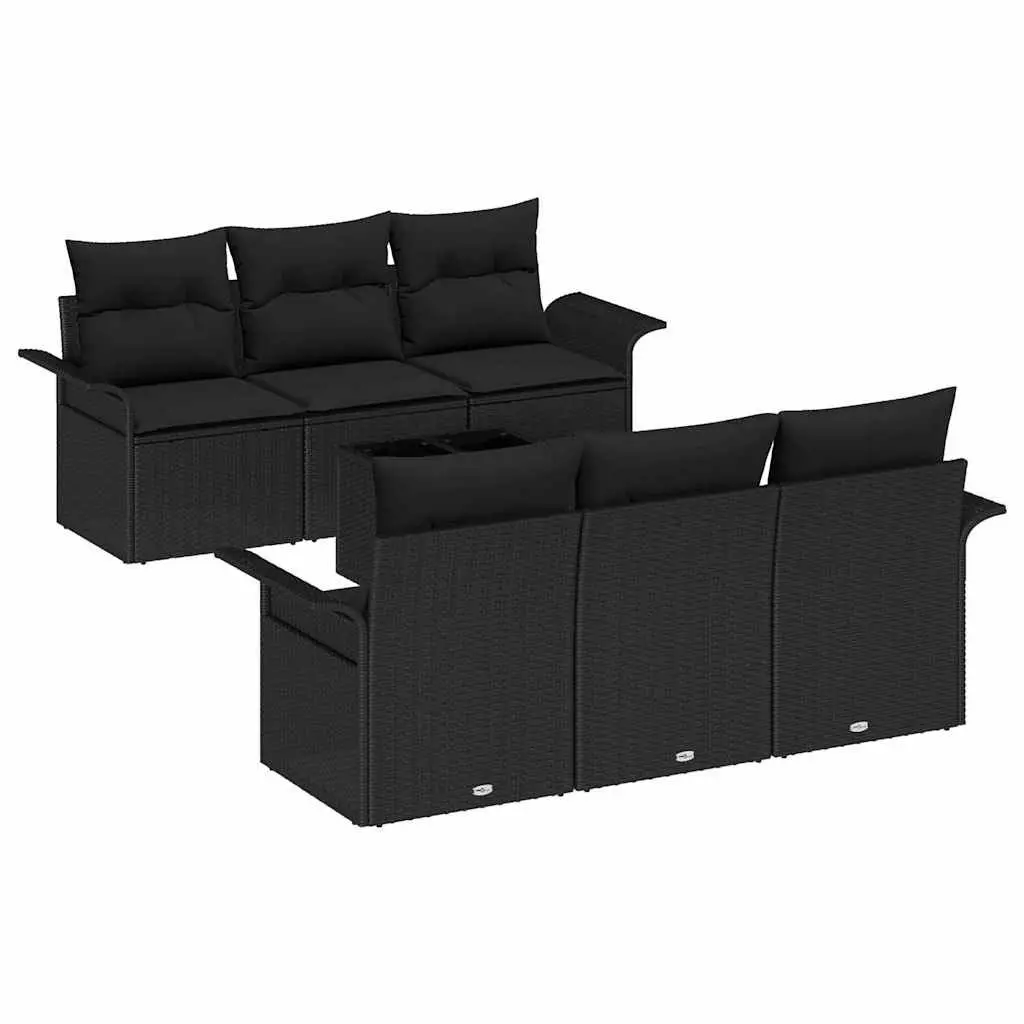 Outdoor Garden Sofa Set Modular Black Poly Rattan 7 Piece with Glass Table