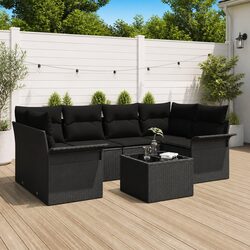 Garden Sofa Set 7 Piece Outdoor Seating Black Poly Rattan Modular Lounge with