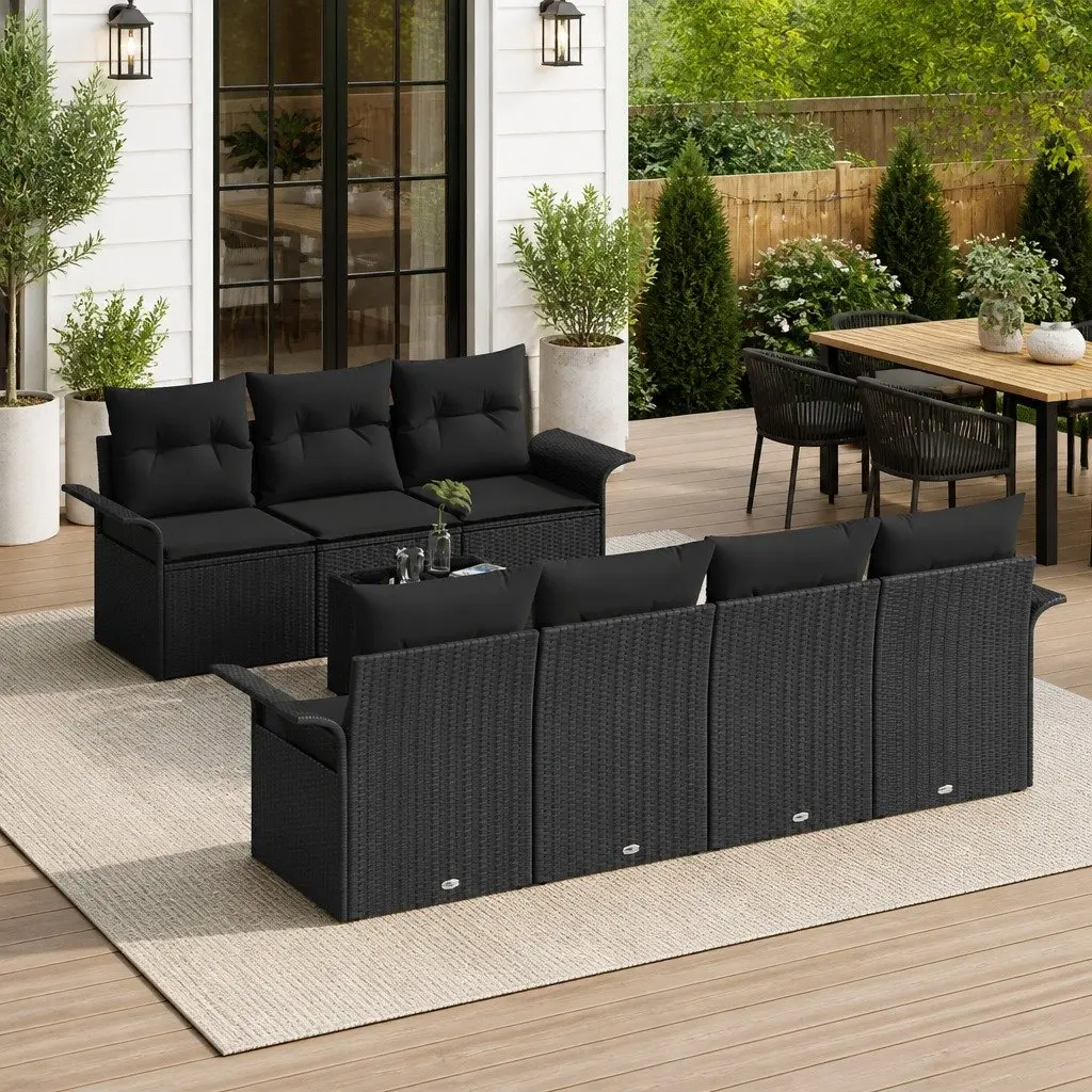 Modular Garden Sofa Set Black Poly Rattan 8 Pieces Outdoor Seating with Glass Top