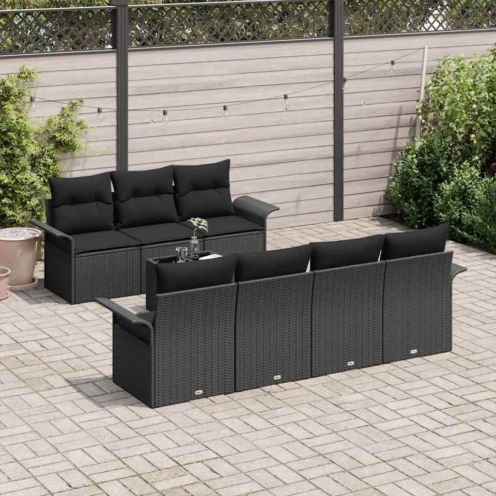 Modular Garden Sofa Set Black Poly Rattan 8 Pieces Outdoor Seating with Glass Top