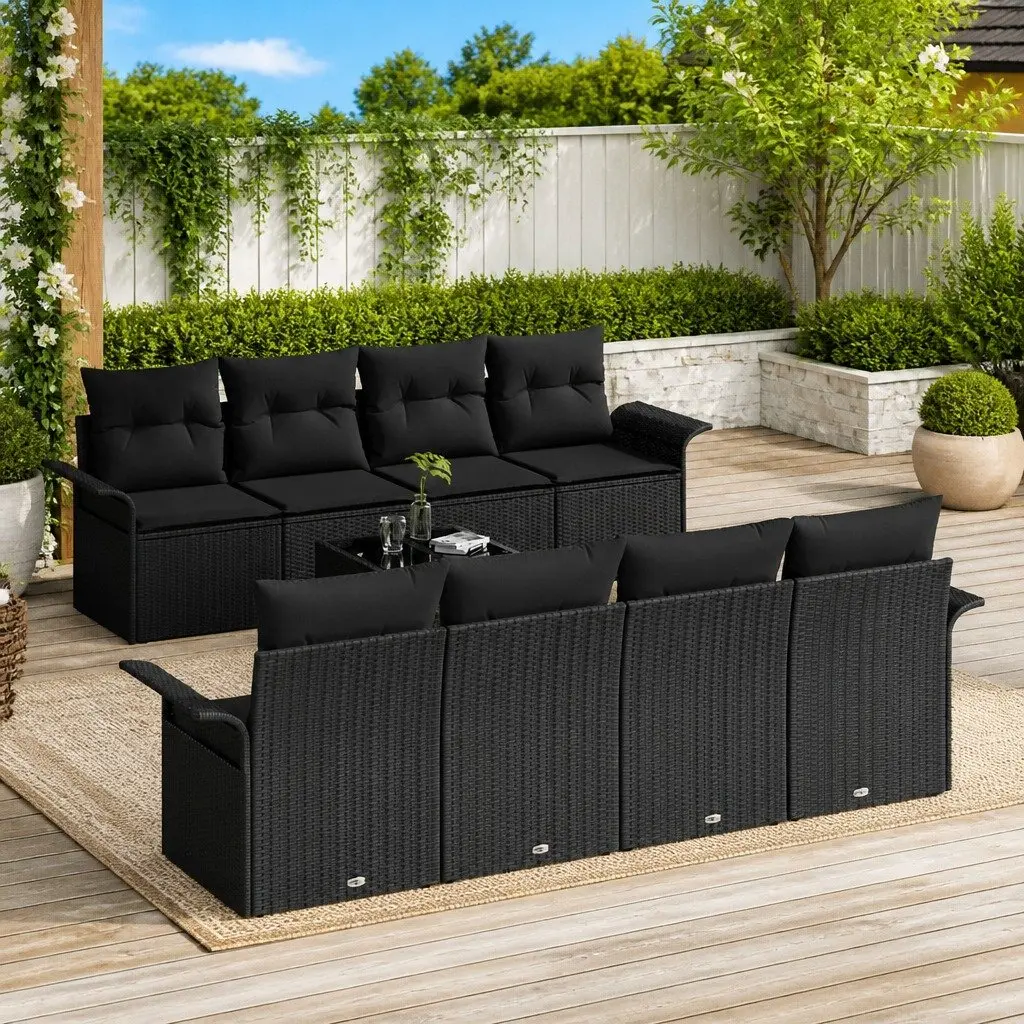 Modular Garden Sofa Set Black Poly Rattan 9 Pieces Outdoor Seating with Cushions