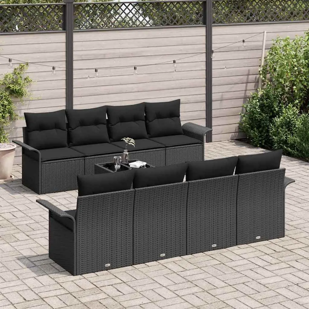 Modular Garden Sofa Set Black Poly Rattan 9 Pieces Outdoor Seating with Cushions