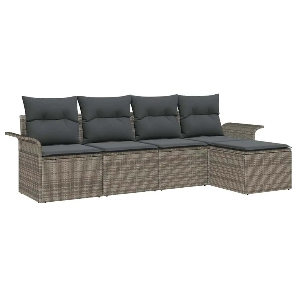 Outdoor Modular Sofa Set 5 Pieces Grey Rattan Patio Furniture with Tempered Glass Table and Removable Cushion Covers