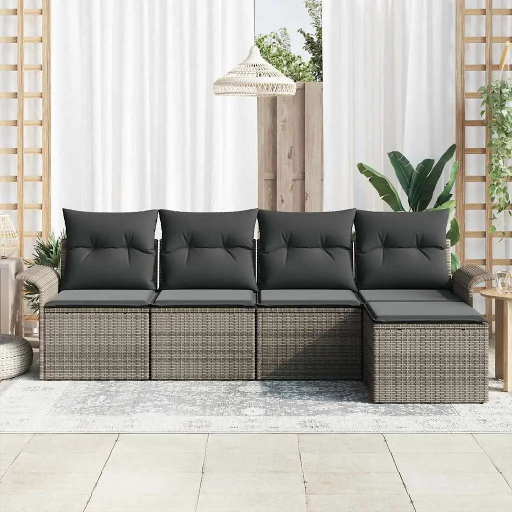 Outdoor Modular Sofa Set 5 Pieces Grey Rattan Patio Furniture with Tempered Glass Table and Removable Cushion Covers