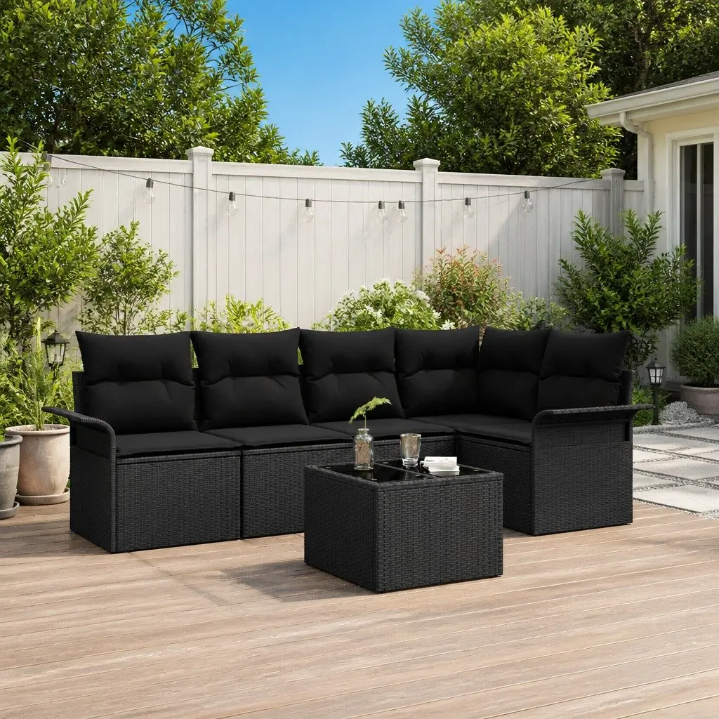 Modular Garden Sofa Set Black Poly Rattan 6 Pieces Outdoor Furniture