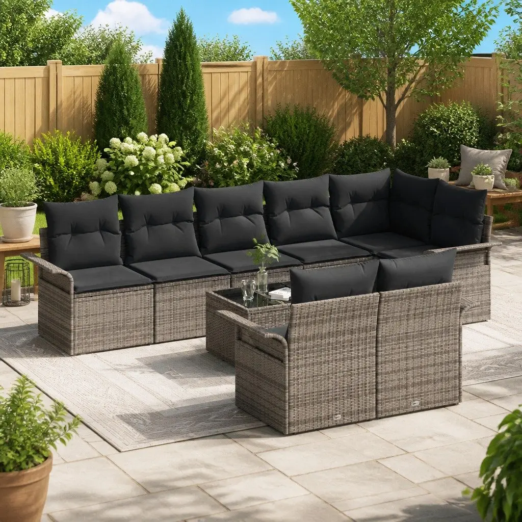 Modular Garden Sofa Set Grey Poly Rattan 9 Pieces Outdoor Furniture with Storage