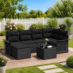 Outdoor Garden Sofa Set 7 Pieces Modular Black Poly Rattan Sectional with