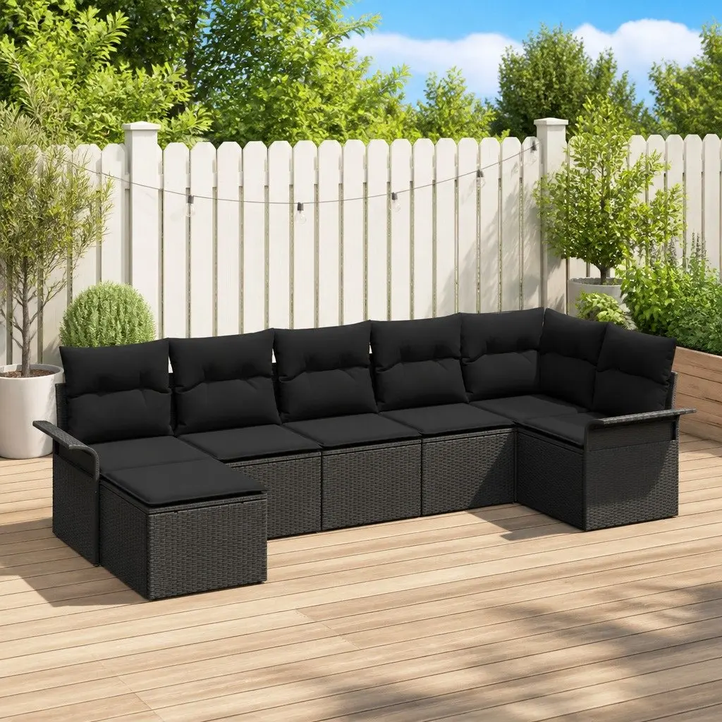 Modular Garden Sofa Set Black Poly Rattan Outdoor Furniture with Storage 7 Piece
