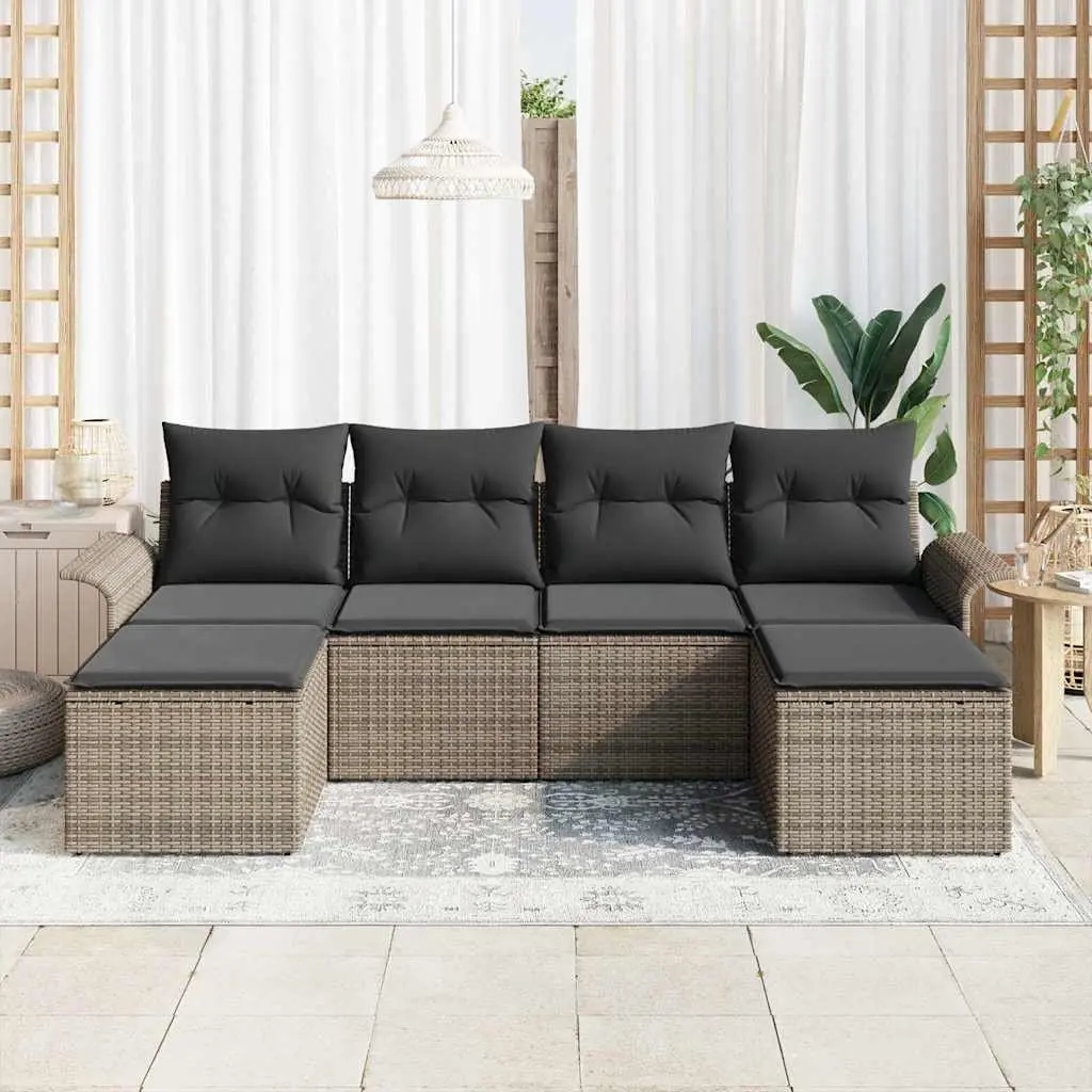 Modular Garden Sofa Set Grey Poly Rattan 6 Pieces with Storage
