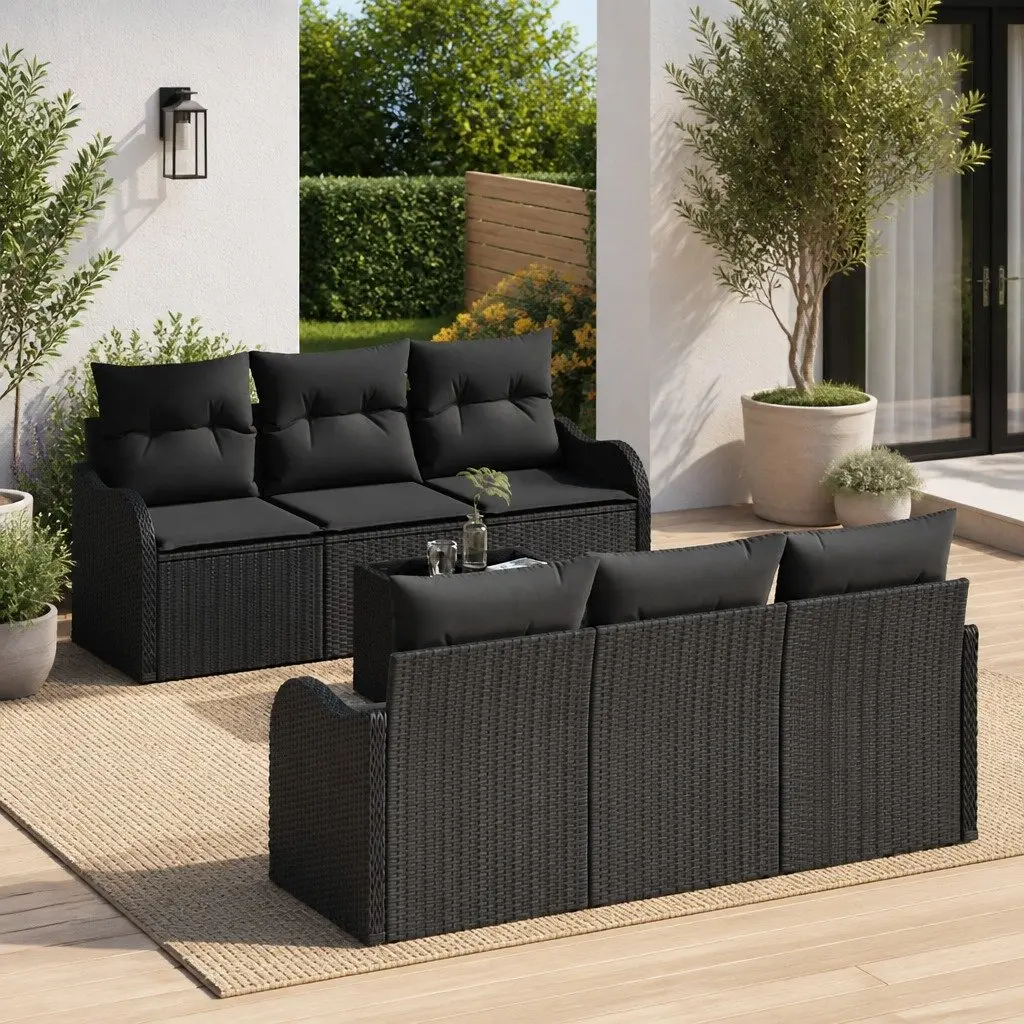 Garden Sofa Set Modular Outdoor Seating Black Poly Rattan Steel Glass 7 Piece