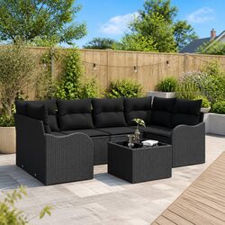 Outdoor Garden Sofa Set 7 Pieces Black Poly Rattan Steel Glass Table Patio